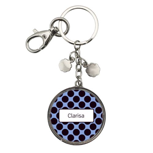 Personalized metal keychain personalized with dots pattern and name in black and serenity blue