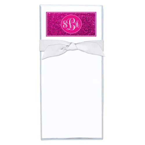 Personalized note sheets personalized with pink glitter pattern and monogram in bright pink