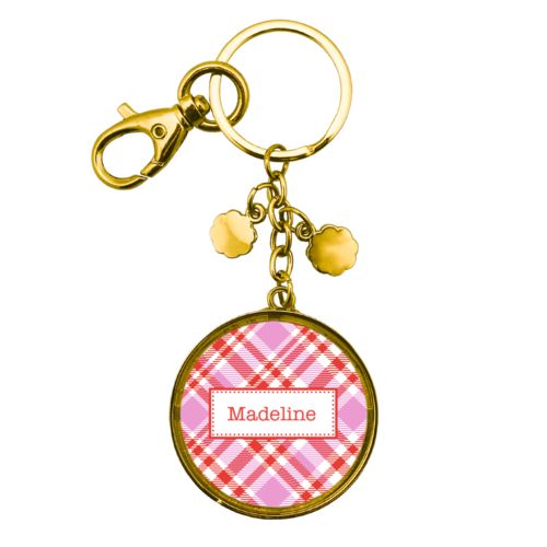 Personalized metal keychain personalized with tartan pattern and name in red punch and thistle