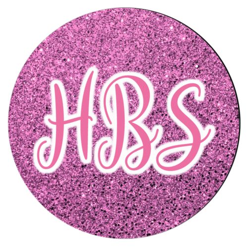Personalized coaster personalized with light pink glitter pattern and the saying "HBS"