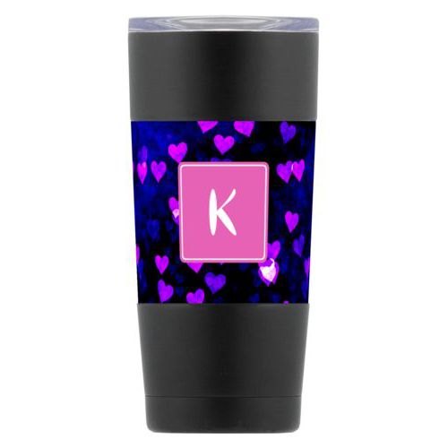Personalized insulated steel mug personalized with dream hearts pattern and initial in pink