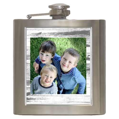 Personalized 6oz flask personalized with white rustic pattern and photo