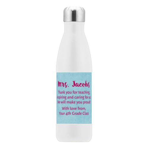 Personalized stainless steel water bottle personalized with teal chalk pattern and the saying "Mrs. Jacobs Thank you for teaching, inspiring and caring for us. We will make you proud! With love from, Your 4th Grade Class"