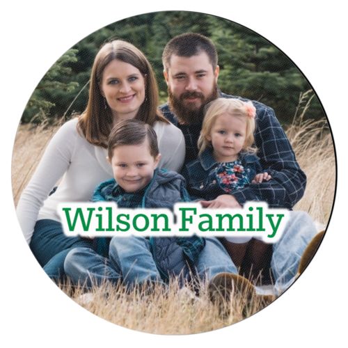 Personalized coaster personalized with photo and the saying "Wilson Family"