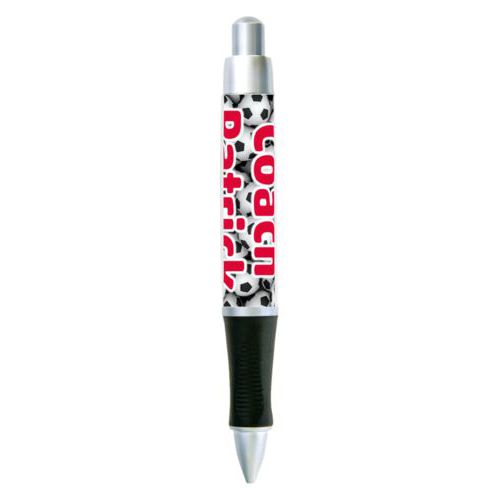 Personalized pen personalized with soccer balls pattern and the saying "Coach Patrick"