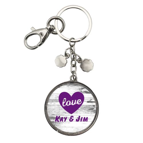 Personalized keychain personalized with white rustic pattern and the sayings "love" and "Kay & Jim"