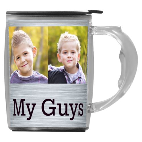 Custom mug with handle personalized with steel industrial pattern and photo and the saying "My Guys"