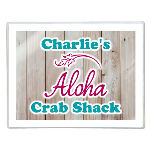 Personalized note cards personalized with light wood pattern and the sayings "Aloha" and "Charlie's Crab Shack"