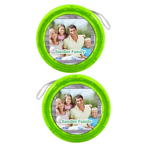 Personalized yoyo personalized with grey wood pattern and photo and the saying "Sandler Family"