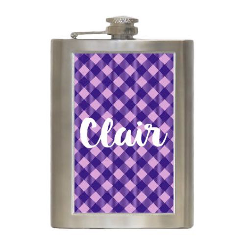 Personalized 8oz flask personalized with check pattern and the saying "Clair"