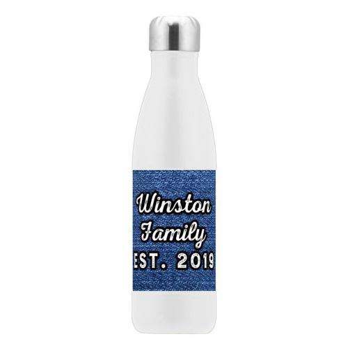 Stainless steel bottle personalized with denim industrial pattern and the saying "Winston Family Est. 2019"