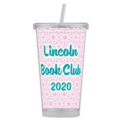 Personalized tumbler personalized with lattice pattern and the saying "Lincoln Book Club 2020"