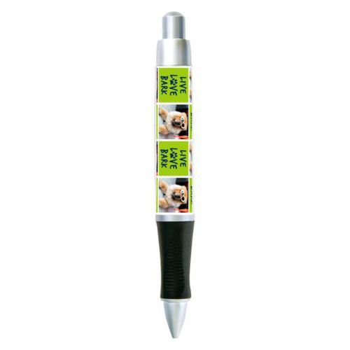 Personalized pen personalized with a photo and the saying "Live love bark" in navy blue and juicy green