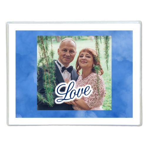 Personalized note cards personalized with blue cloud pattern and photo and the saying "love"