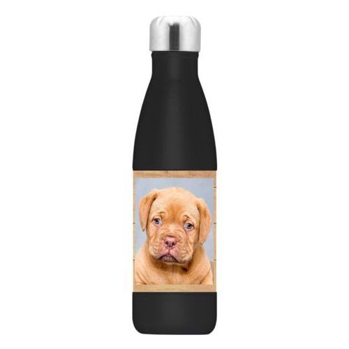 Custom steel water bottle personalized with natural wood pattern and photo