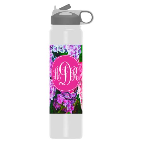 Personalized water bottle personalized with hydrangea pattern and monogram in pink
