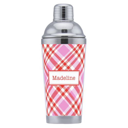 Cocktail shaker personalized with tartan pattern and name in red punch and thistle