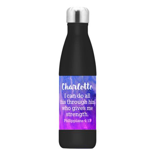 Custom steel water bottle personalized with ombre amethyst pattern and the saying "Charlotte I can do all this through him who gives me strength. Philippians 4:13"