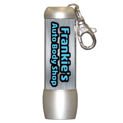 Personalized flashlight personalized with steel industrial pattern and the saying "Frankie's Auto Body Shop"