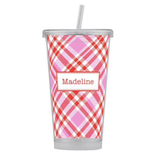 Personalized tumbler personalized with tartan pattern and name in red punch and thistle