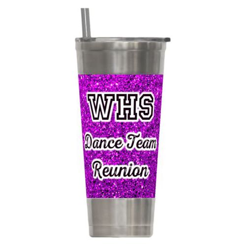 Personalized insulated steel tumbler personalized with fuchsia glitter pattern and the saying "WHS Dance Team Reunion"