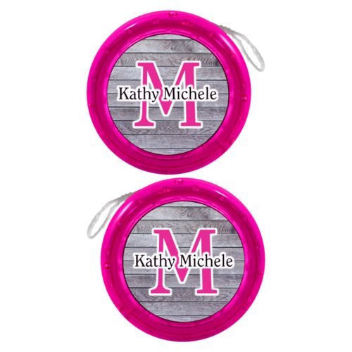 Personalized yoyo personalized with grey wood pattern and the sayings "M" and "Kathy Michele"