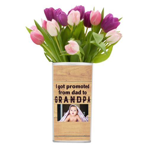 Personalized vase personalized with natural wood pattern and photo and the saying "I got promoted from dad to grandpa"