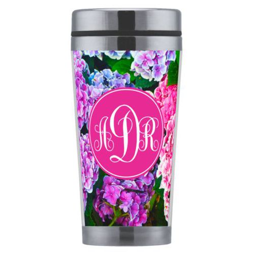 Personalized coffee mug personalized with hydrangea pattern and monogram in pink