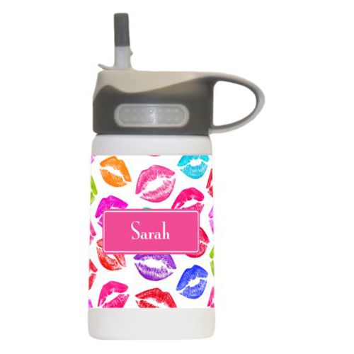 Water bottle for kids personalized with smooch pattern and name in paparte pink
