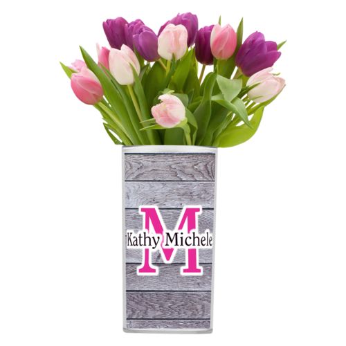 Personalized vase personalized with grey wood pattern and the sayings "M" and "Kathy Michele"