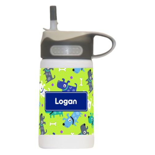 Leak proof kids water bottle personalized with puppies pattern and name in marine