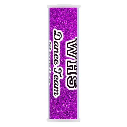 Personalized backup phone charger personalized with fuchsia glitter pattern and the saying "WHS Dance Team Reunion"