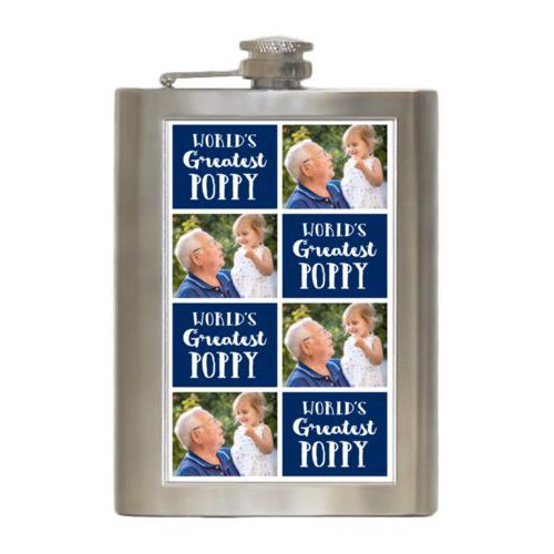 Personalized 8oz flask personalized with a photo and the saying "World's Greatest Poppy" in navy blue and white
