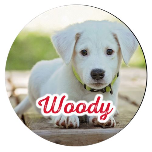 Personalized coaster personalized with photo and the saying "Woody"