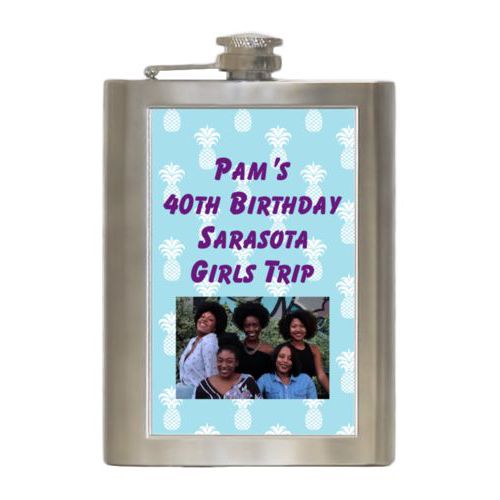 Personalized 8oz flask personalized with welcome pattern and photo and the saying "Pam's 40th Birthday Sarasota Girls Trip"
