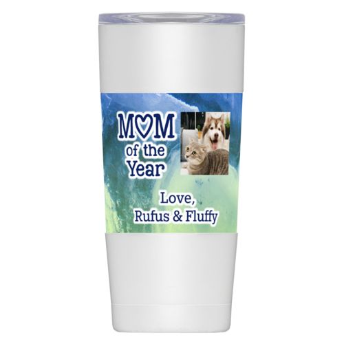 Personalized insulated steel mug personalized with ombre quartz pattern and photo and the sayings "Mom of the Year" and "Love, Rufus & Fluffy"