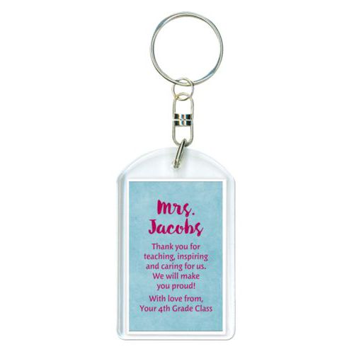 Personalized keychain personalized with teal chalk pattern and the saying "Mrs. Jacobs Thank you for teaching, inspiring and caring for us. We will make you proud! With love from, Your 4th Grade Class"