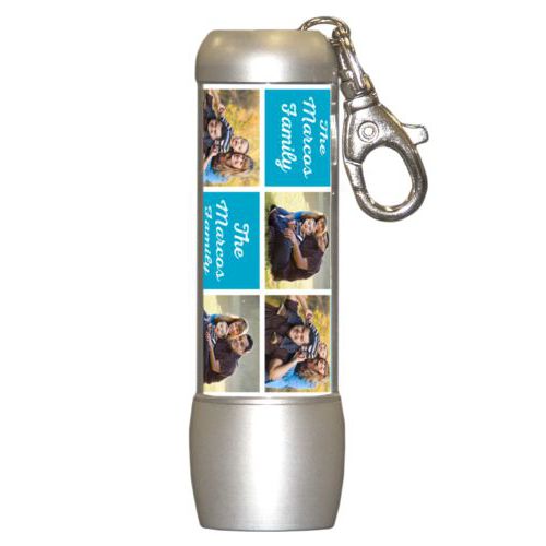 Personalized flashlight personalized with photos and the saying "The Marcos Family" in juicy blue and white