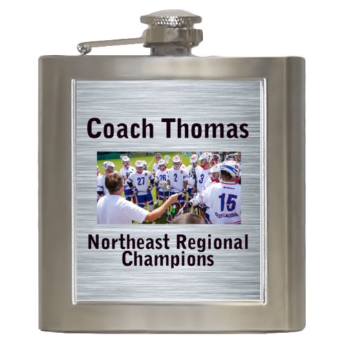 Personalized 6oz flask personalized with steel industrial pattern and photo and the sayings "Coach Thomas" and "Northeast Regional Champions"