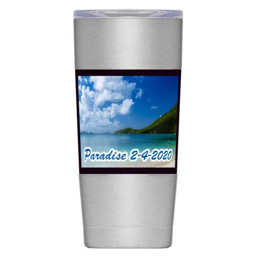 Personalized insulated steel mug personalized with photo and the saying "Paradise 2-4-2020"