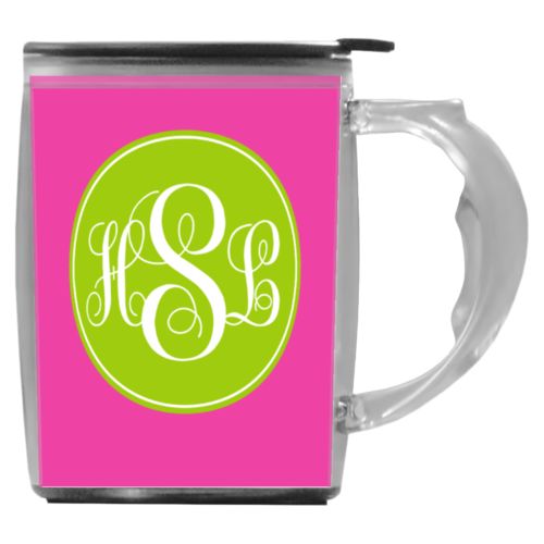 Custom mug with handle personalized with concaved pattern and monogram in juicy green and juicy pink