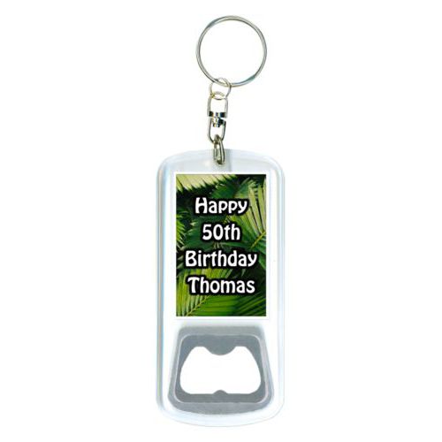 Personalized bottle opener personalized with plants fern pattern and the saying "Happy 50th Birthday Thomas"
