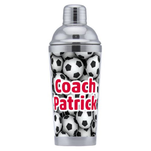 Coctail shaker personalized with soccer balls pattern and the saying "Coach Patrick"