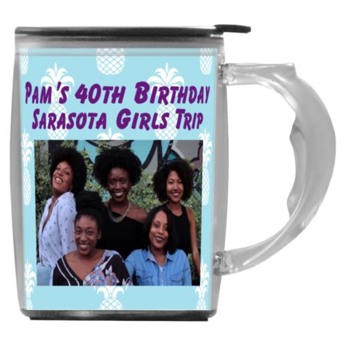 Custom mug with handle personalized with welcome pattern and photo and the saying "Pam's 40th Birthday Sarasota Girls Trip"