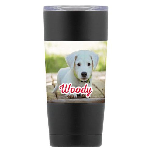 Personalized insulated steel mug personalized with photo and the saying "Woody"