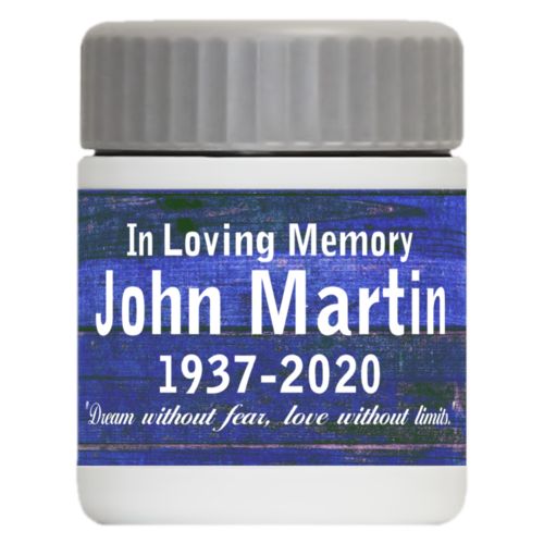 Personalized 12oz food jar personalized with royal rustic pattern and the saying "In Loving Memory John Martin 1937-2020 "Dream without fear, love without limits.""