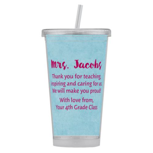Personalized tumbler personalized with teal chalk pattern and the saying "Mrs. Jacobs Thank you for teaching, inspiring and caring for us. We will make you proud! With love from, Your 4th Grade Class"