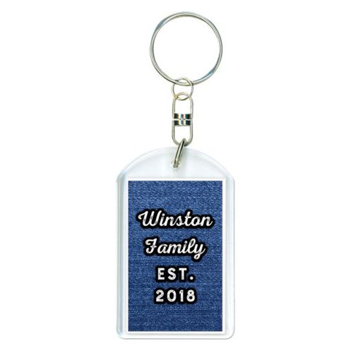 Personalized keychain personalized with denim industrial pattern and the saying "Winston Family Est. 2018"