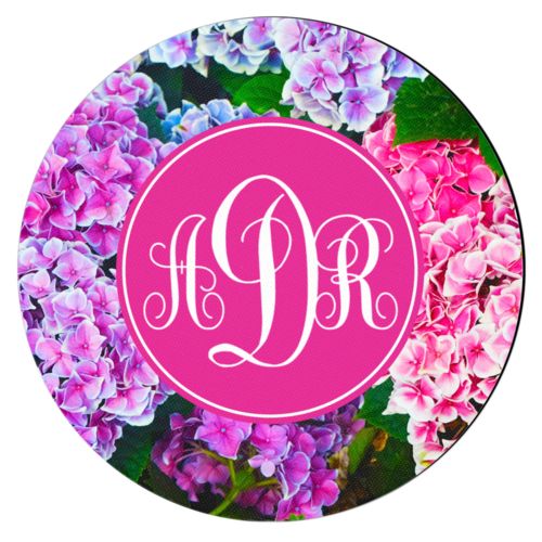 Personalized coaster personalized with hydrangea pattern and monogram in pink