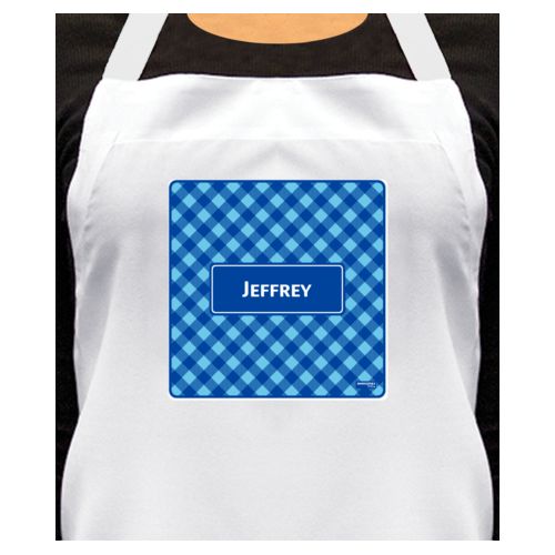 Personalized apron personalized with check pattern and name in ultramarine